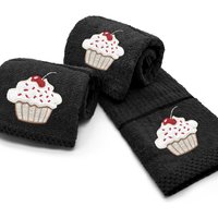 Cupcake Embroidered Quick Dry Pack of 3 Tea Towels - black