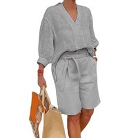 Women V Neck Loose Top And Shorts Co Ord Set - Grey / M