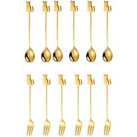 Stainless Steel Cat or Fish Fork and Spoon Set - Gold / 14cm / 12