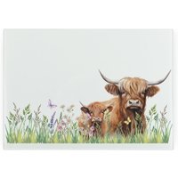Highland Cow & Calf Smooth Glass Worktop Saver - Small Chopping Board - Brown