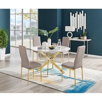 Novara White Marble Effect Gold Leg 120cm Dining Table 4 Milan Gold Leg Chairs - Cappuccino