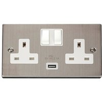 Stainless Steel 2 Gang 13A 1 USB Twin Double Switched Plug Socket - White