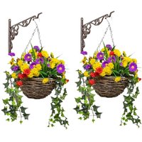 Artificial Hanging Basket with Multicoloured Wildflowers - Red / 2