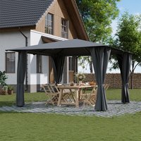 Solar LED Metal Garden Gazebo with Curtains - Dark Grey