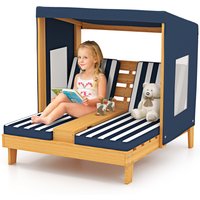 Kids Double Patio Lounge Chair With Awning Shade - Blue