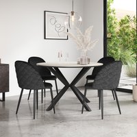 Calne White Marble Table W Blk Leg+ Raye Velvet Dining Chair Set Of 6 - Black