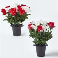 Homescapes Set of 2 Red White Roses Lilies Artificial Flowers in Grave Vases - Red and white