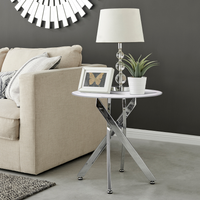 Novara Round Side Table Glass Marble Effect Top Silver Legs - White Marble