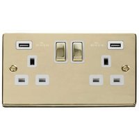 Polished Brass 2 Gang 13A DP Ingot 2 USB Twin Double Switched Plug Socket - White