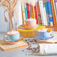 250ml Hand-Printed Cappuccino Cup and Saucer Set - Navy + Orange + Blue / 12
