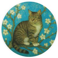 Van Gogh Blossoms Tabby Cat Textured Glass Round Trivet - Small Kitchen Chopping Board - Blue