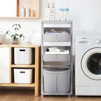 4-Tier Storage Rack Laundry Basket with Wheels - Grey