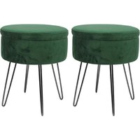 2x Round Velvet Storage Footstools - Black Hairpin Legs - Green