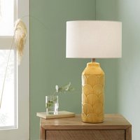 Embossed Ceramic Table Lamp With Textured Feather Pattern For Living Room - Yellow