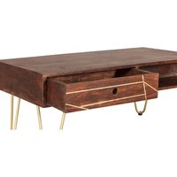 Bandung Dark Mango Wood Coffee Table - Matt Finish, Gold Inlay, 2 Drawers, Open Shelf - Brown