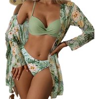 Floral Bikini Set with Matching Kimono - Green / S
