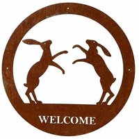 Boxing Hare Welcome Wall Art - Large - Steel - W49.5 x H49.5 cm - Bare Metal/Ready to Rust