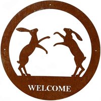Boxing Hares Large Wall Art - With Text - Steel - W49.5 x H49.5 cm - Bare Metal/Ready to Rust