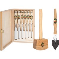 KIRSCHEN WOODWORKER Essentials Set 1 - Stechbeitelsatz 6-10-12-16-20-26 mm in Holzkasten + Holzhammer + Anreißmesser 1811000 | Gravur möglich
