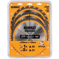 DeWalt 3 Piece 250mm Construction Circular Saw Blade Set 250mm Assorted Teeth 30mm DeWalt 3 Piece 250mm Construction Circular Saw Blade Set 250mm Assorted Teeth 30mm