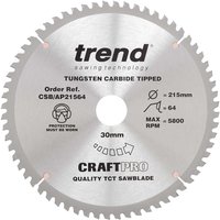 Trend CRAFTPRO Aluminium and Plastic Cutting Saw Blade 215mm 64T 30mm Trend CRAFTPRO Aluminium and Plastic Cutting Saw Blade 215mm 64T 30mm
