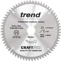 Trend CRAFTPRO Aluminium and Plastic Cutting Saw Blade 216mm 64T 30mm Trend CRAFTPRO Aluminium and Plastic Cutting Saw Blade 216mm 64T 30mm