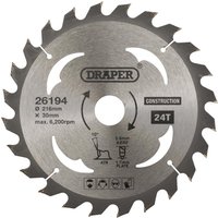Draper TCT Construction Circular Saw Blade 216mm 24T 30mm Draper TCT Construction Circular Saw Blade 216mm 24T 30mm