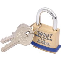 30mm Solid Brass Padlock and 2 Keys with Mushroom Pin Tumblers Hardened Steel Shackle and Bumper (64160) - Draper
