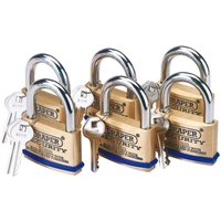 Draper Solid Brass Padlock Pack of 6 Keyed Alike 60mm Standard Draper Solid Brass Padlock Pack of 6 Keyed Alike 60mm Standard