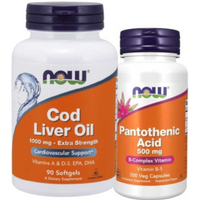 Zestaw Now Foods Cod Liver Oil 1000mg + Pantothenic Acid 500mg 90softgels + 100kaps