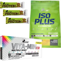 Zestaw Olimp Nutrition Iso Plus 1505g Pomarańczowy 3x bar Dubai 40g Czekolada+ Vita-min Multiple Sport 40+ 60kaps
