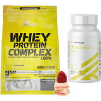Zestaw Olimp whey protein 700g biała czekolada z maliną + Promake Lion's Mane 400mg 90kaps