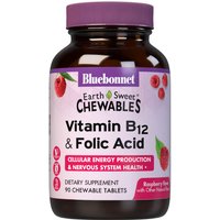 EarthSweet Chewables Vitamin B12 & Folic Acid, Raspberry Flavor, 90 Chewable Tablets, Bluebonnet Nutrition