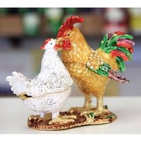 Happy Rooster & Hen Gilt Jewelry Gift Box with Fine Crystals