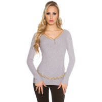 Koucla eleganter Feinstrick Pullover in zarter Rippstruktur mit schimmernder Halskette am Ausschnitt betont Taille und Kurven auf besonders sinnliche Weise