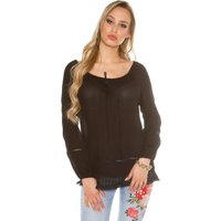 Luftiges Damen Blusenshirt mit Langarm und Lochmuster Baumwoll Stretch, leicht transparent, mit Rundhalsausschnitt, Fransen Tunnelzug Bändel