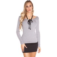 Koucla Extravagantes Strick Highlight Feingerippter Pullover mit Doppel V Ausschnitt, goldfarbenen Ösen satin schimmerndem Sternen Neckholder