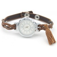 Elegante Damen Armbanduhr mit kleinem rundem Metallgehäuse, geflochtenem Kunstlederarmband Quasten Deko verstellbar mit Druckknopf Verschluss