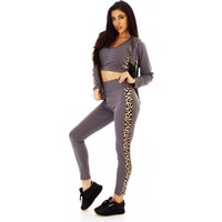 3 teiliges Trainings Set aus Stretch Material Kapuzenjacke, Sport Bustier Highwaist Leggings mit Leo Akzenten