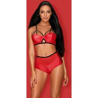 Erotisches Dessous Set in Rot mit Wetlook und Mesh von Obsessive BH mit Bügelcups, verstellbare Träger, Riemchendetails sexy geschnürte Shorts