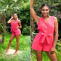 Sommer V Neck Cotton Jumpsuit Ärmellos mit Deko Knöpfe und Gürtel