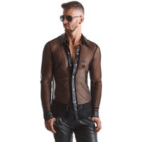 Stilvolles Slim Fit Hemd aus schwarzem Wetlook und hochwertigem Mesh mit dekorativen Druckknöpfen und rotem Alcantara Detail