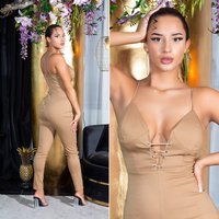 Hot V Neck Skinny Long Jumpsuit mit Träger und Deko Schnürung