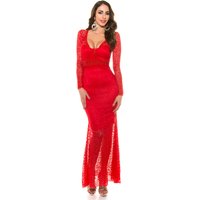 Spitzen V Neck Langarm Maxi Silvester Cocktail Kleid mit Deko Perlen