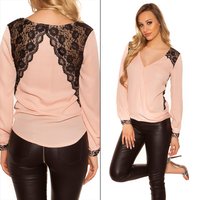 Schlupf Bluse mit Wickel Optik, tiefem V Ausschnitt, Spitzen Einsätzen Ballon Ärmeln leicht transparent tailliert
