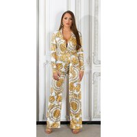 Printed Maxi Jumpsuit im Business Look mit Wickel V Neck und Gürtel