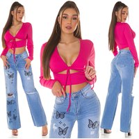 V Neck Langarm Crop Top mit Deko Schnürung und Cutout