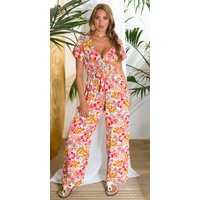 Blumenprint trifft Komfort Luftiger Viskose Overall mit V Ausschnitt, geradem Bein und taillierendem Bindegürtel