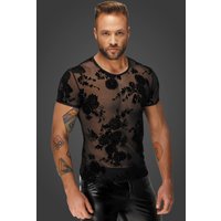 Stylisches Noir Handmade Men T Shirt H073 aus weichem Tüll mit edler Flower Flockstickerei für einen modernen, selbstbewussten und verführerischen Look