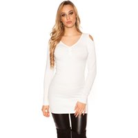 Cold Shoulder V Neck Long Pullover mit Deko Strass und Mesh